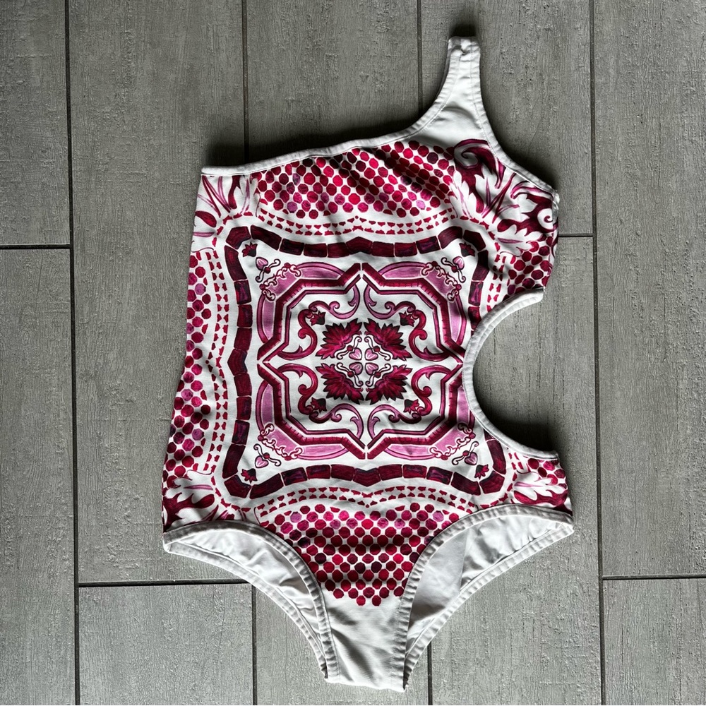 Multicolor One Piece Bathing Suit Sz. M Majolica Print Abstract Cutout Swimsuit